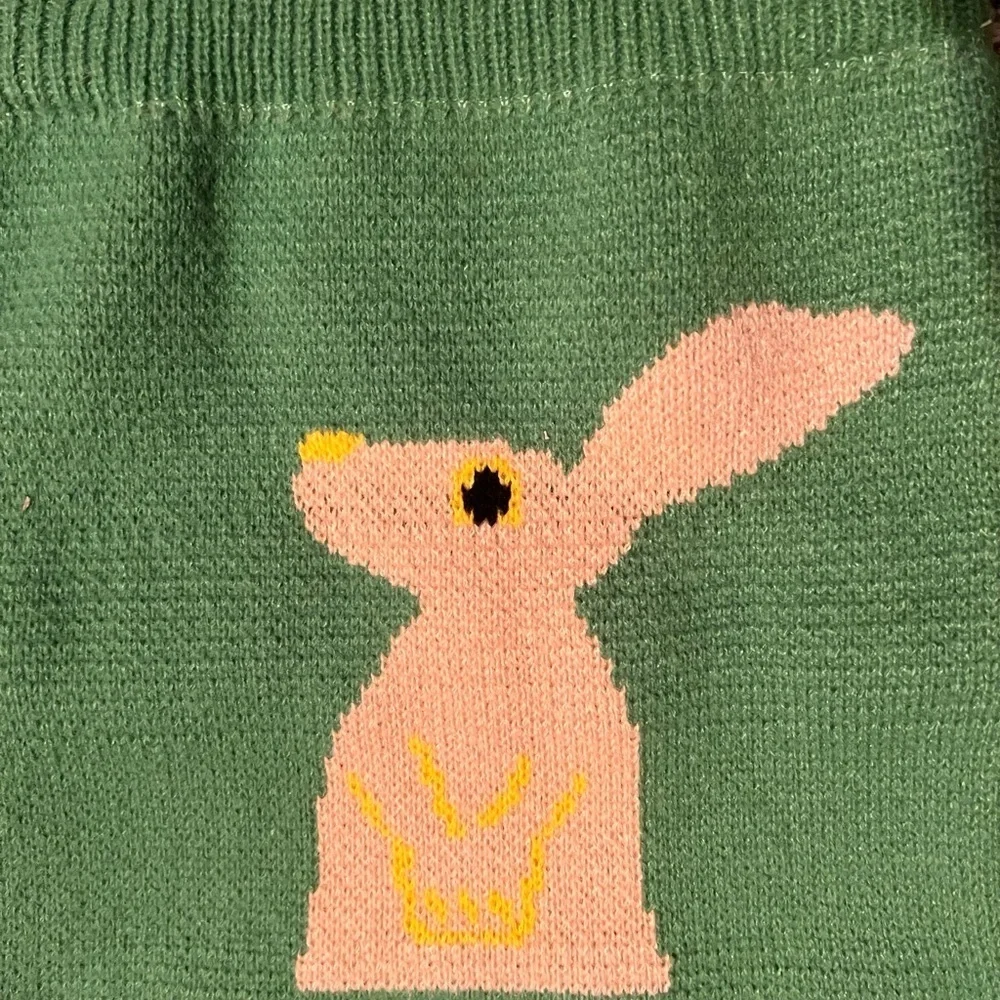 Green Knit Tote Bag with Rabbit Design